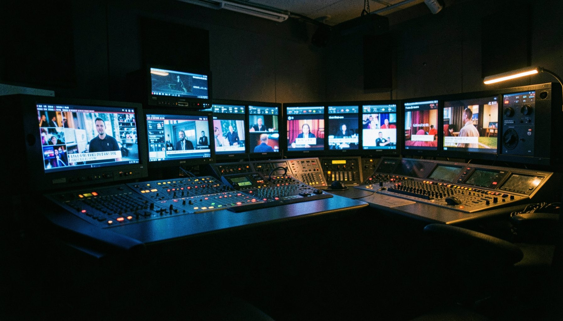 A dimly lit television studio control room with glowing monitor banks displaying colorful broadcast feeds, deep blues and warm amber tones