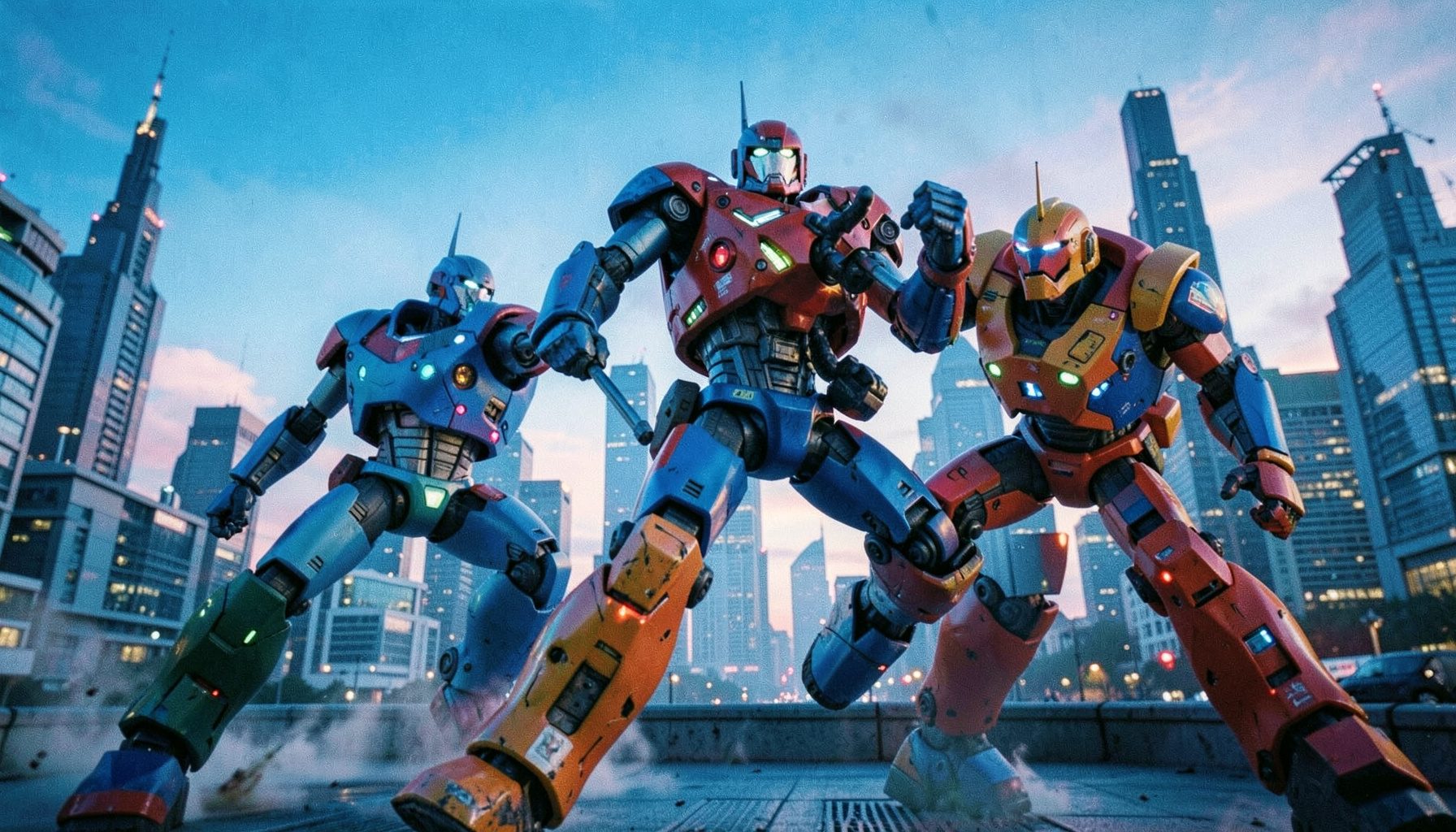 Colorful animated robots in a dynamic action pose against a futuristic city skyline at sunset
