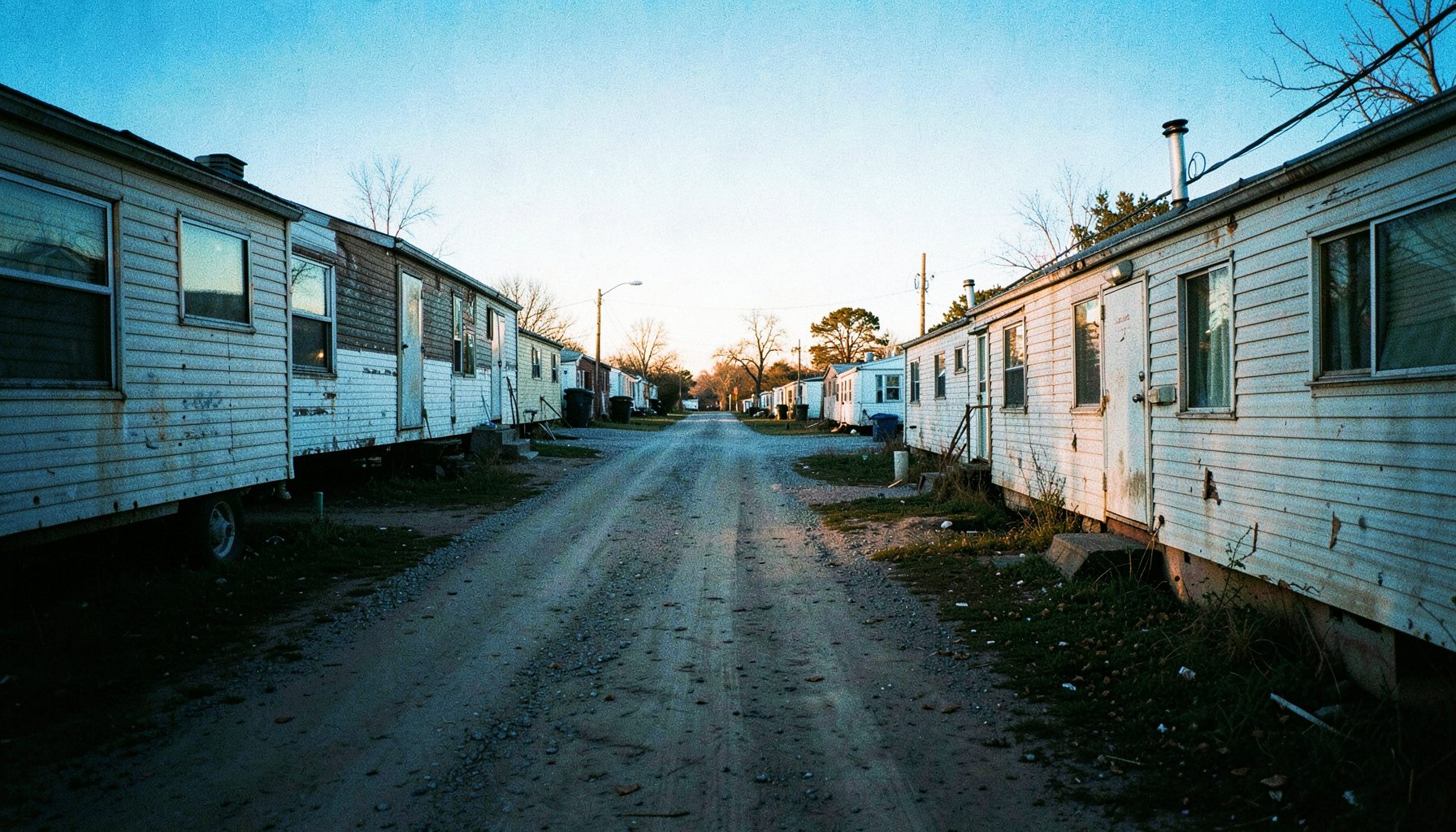 A gritty documentary-style scene of a trailer park at golden hour, with weathered mobile homes and a dirt road stretching into the distance