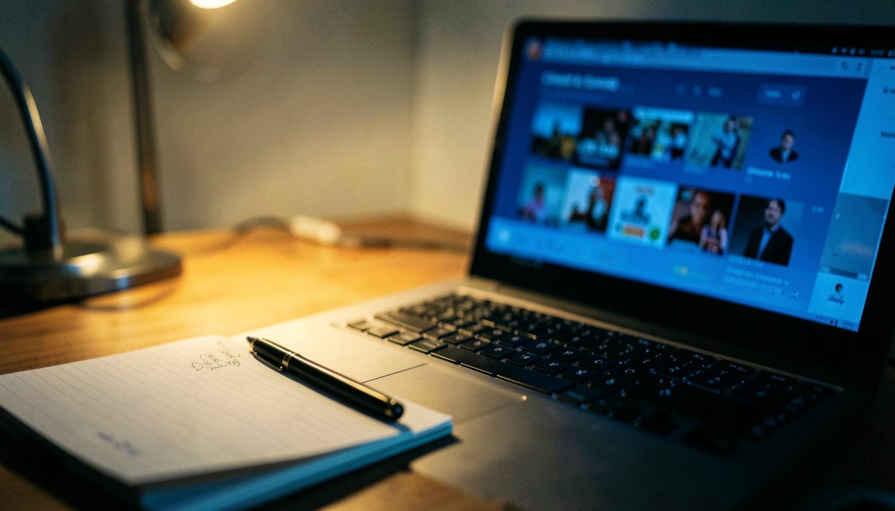 A close-up of a notebook and pen resting beside a laptop displaying a TV show listing, with warm desk-lamp light illuminating the scene in soft gold and deep shadow.