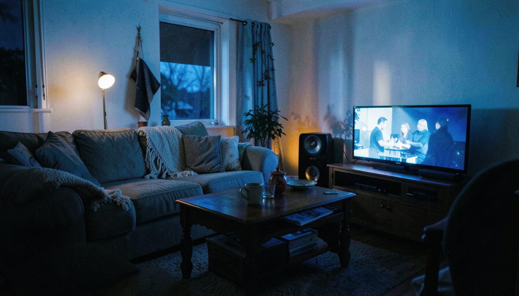 A warmly lit living room at dusk with a television screen glowing softly, casting blue and amber tones across a comfortable sofa and coffee table.