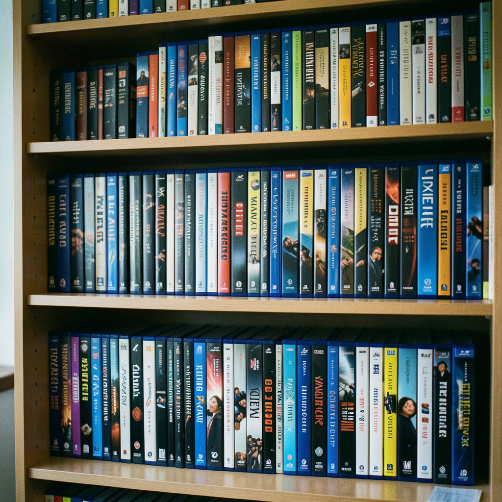 A neatly organized home media shelf filled with DVD and Blu-ray cases, softly lit by warm ambient light, conveying a passion for television collecting.
