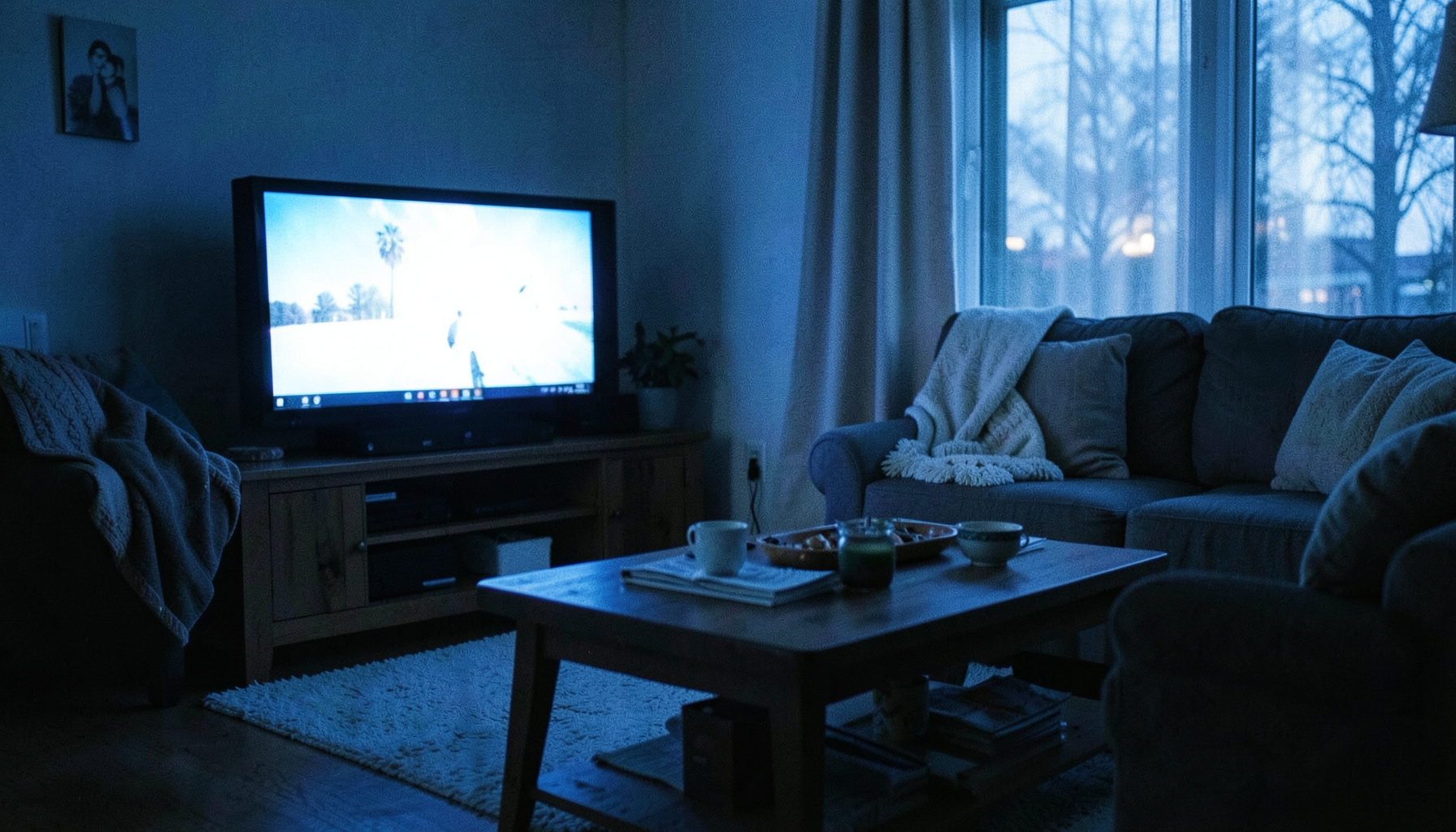A warmly lit television screen in a cozy living room at dusk, casting a soft blue glow across a comfortable sofa and coffee table.